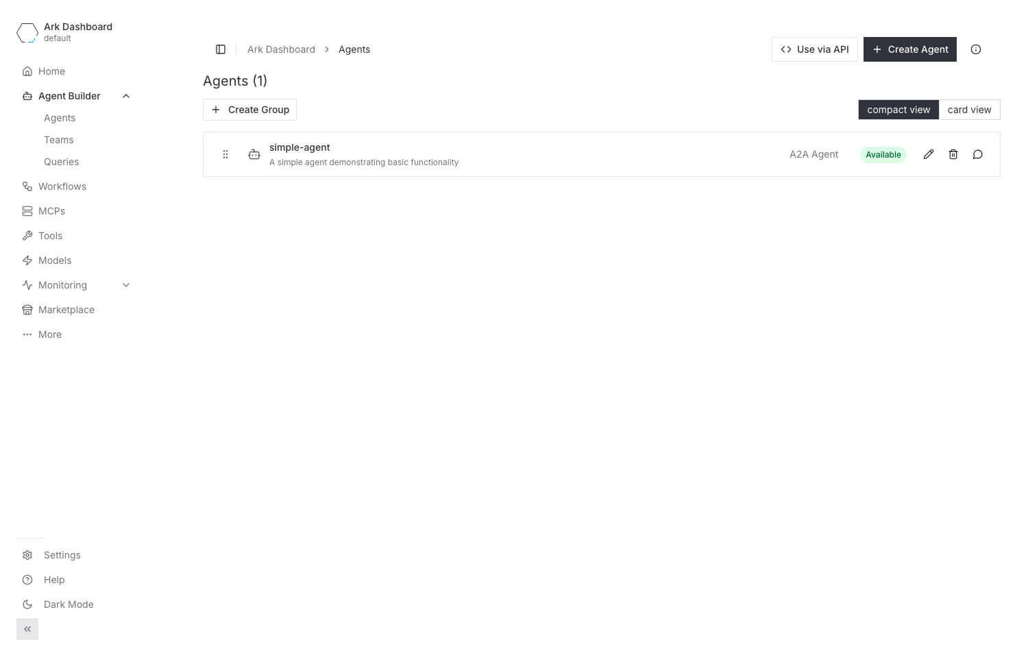 Ark dashboard Agents list showing simple-agent tagged as an A2A Agent