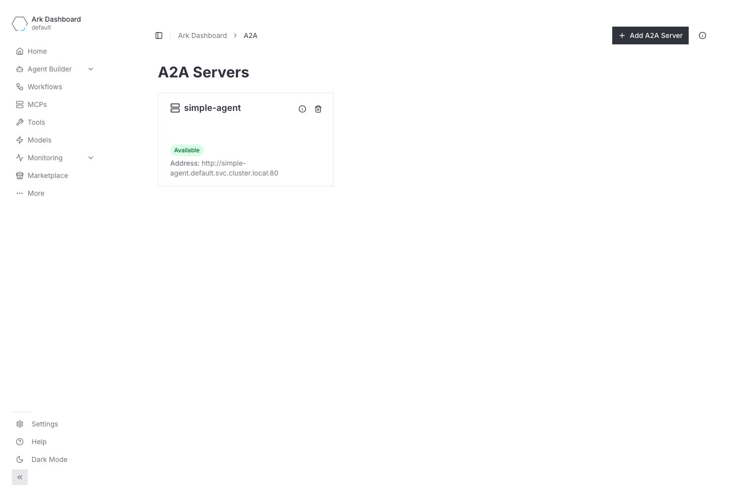 Ark dashboard A2A Servers page showing the simple-agent server as Available