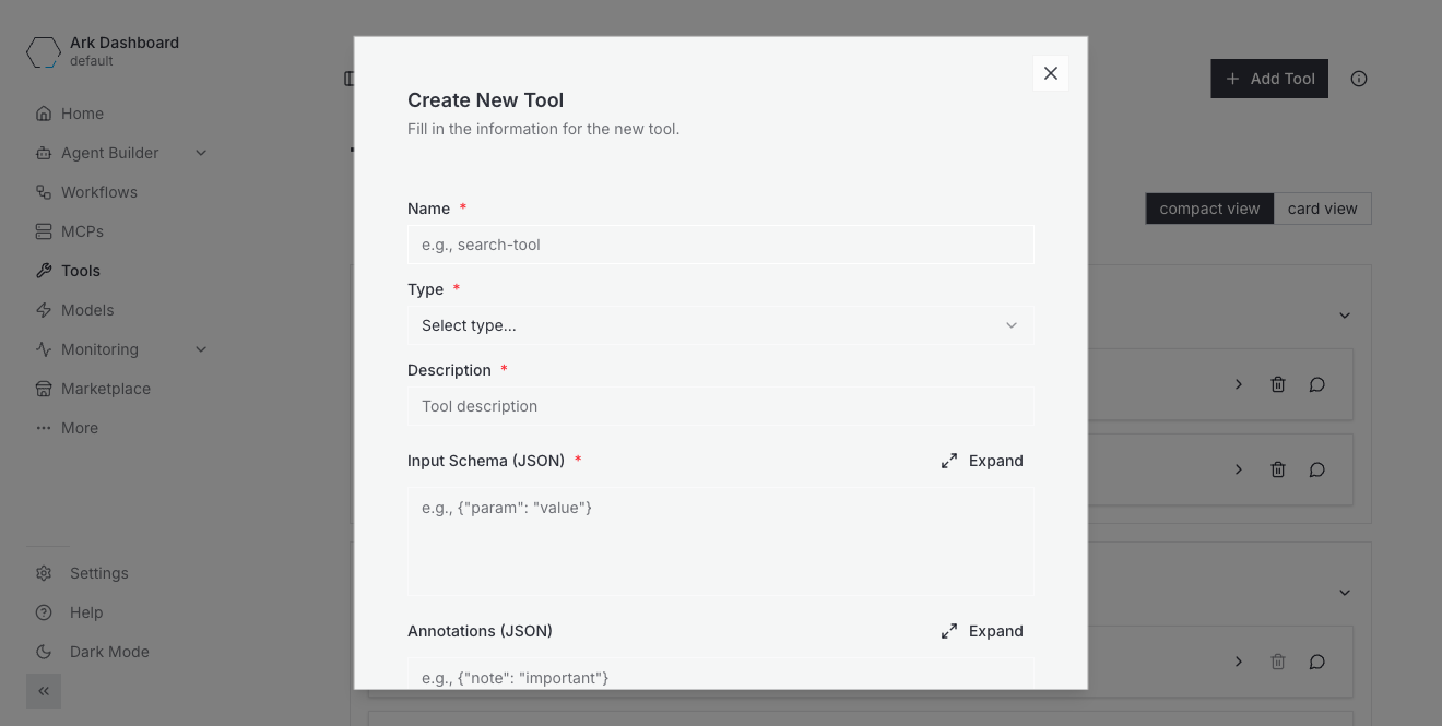 Add Tool form for an HTTP tool