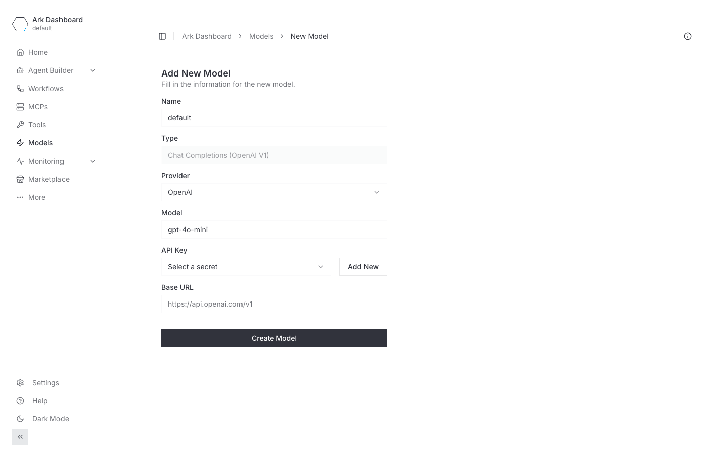 Add Model form filled in for the default OpenAI model