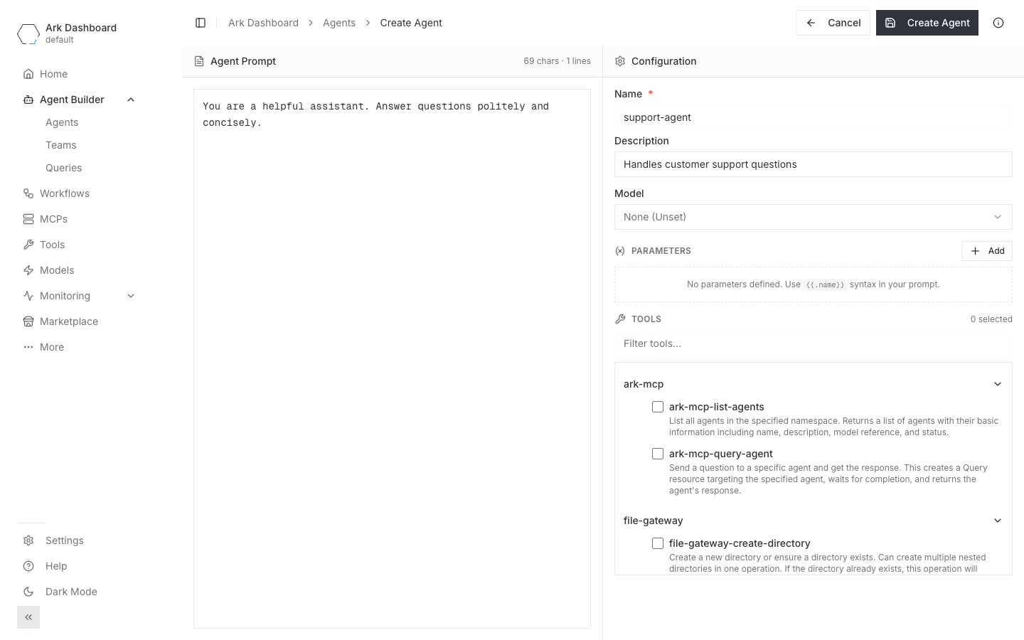 Create Agent form filled in for a support agent