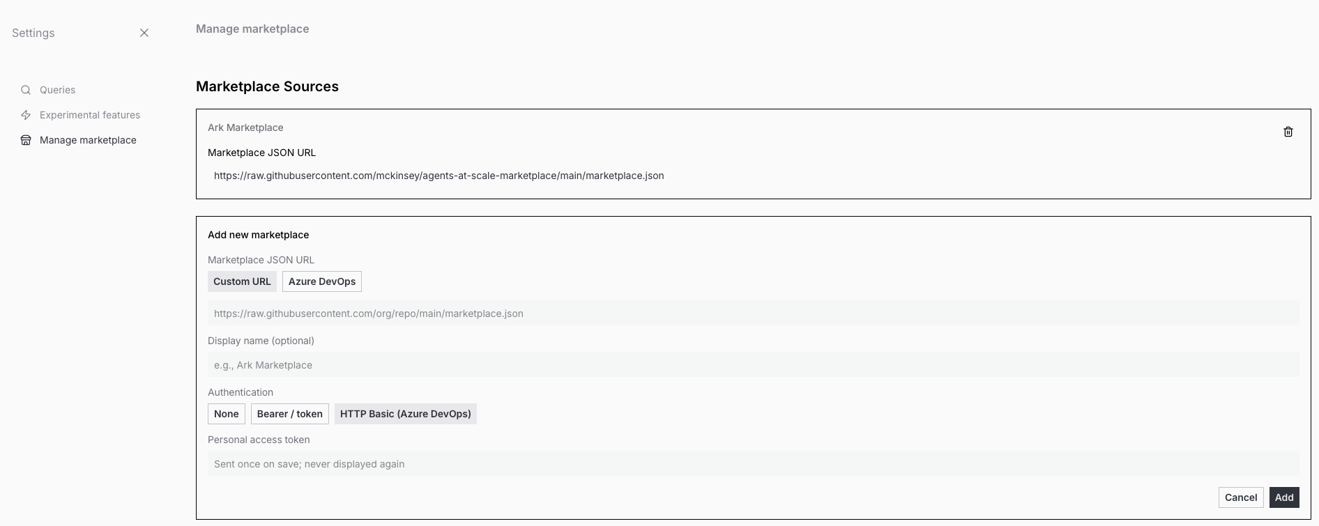 Add new marketplace form for a public source
