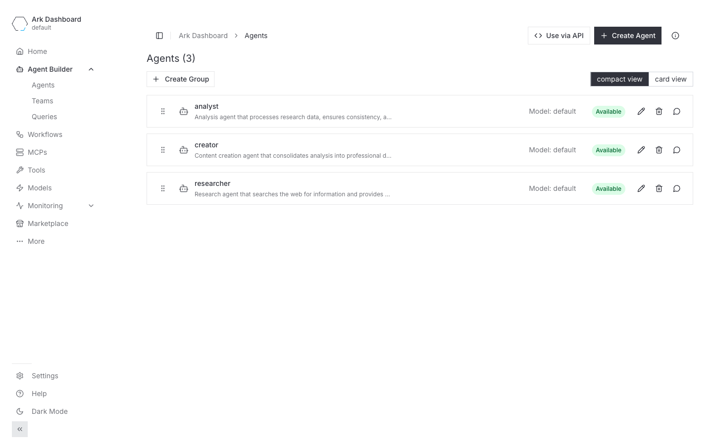 Agents page with the three walkthrough agents