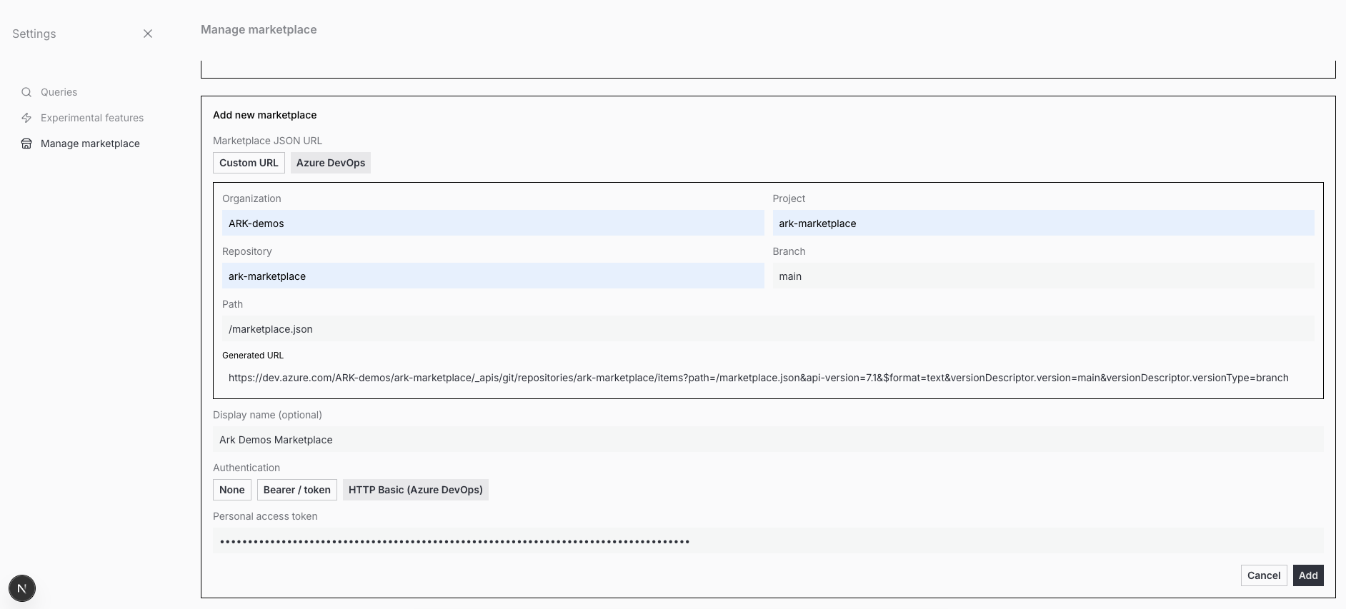 Add new marketplace form with an authentication scheme and token