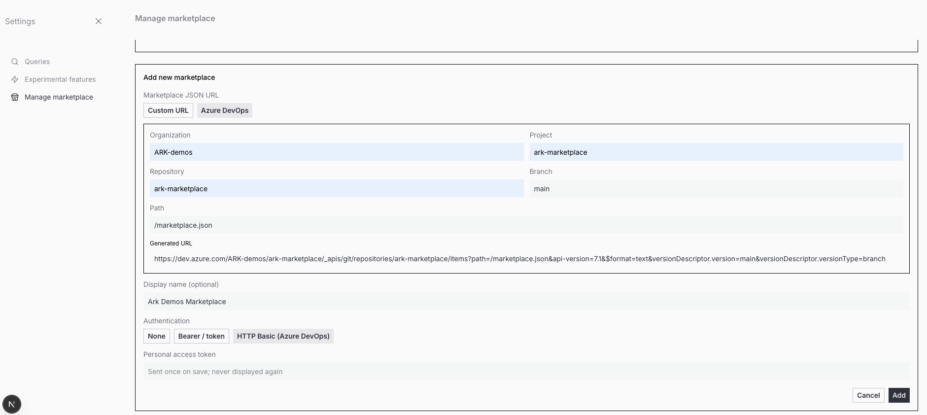 Add new marketplace form in Azure DevOps mode with generated URL preview