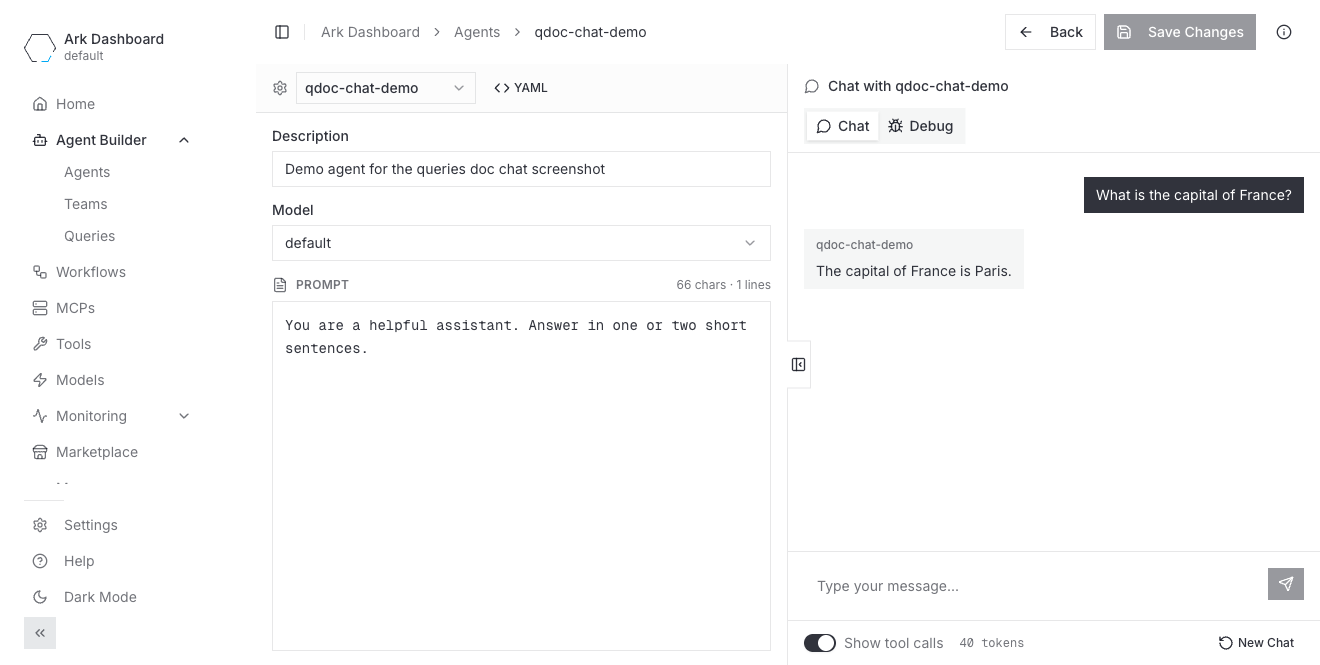 Embedded chat panel on an agent page