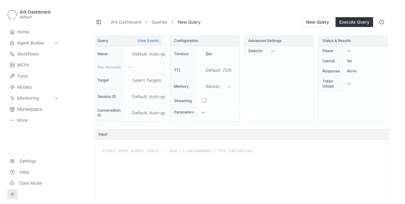 Create Query form with Query, Configuration, Advanced Settings, and Status & Results columns