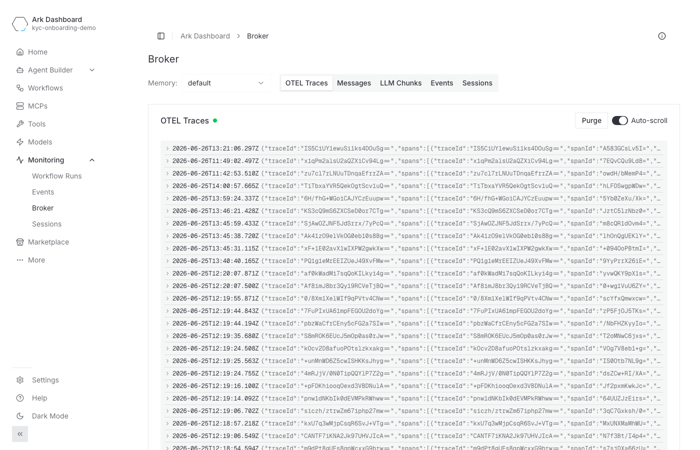 Dashboard Broker view streaming OTEL traces