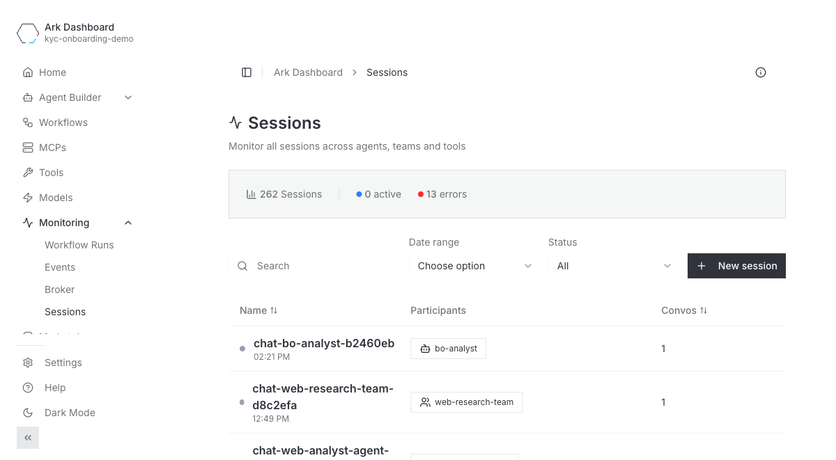 Dashboard Sessions view listing sessions with participants and error counts
