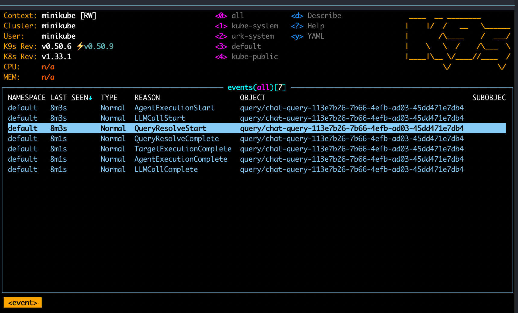 Screenshot of the events view in k9s