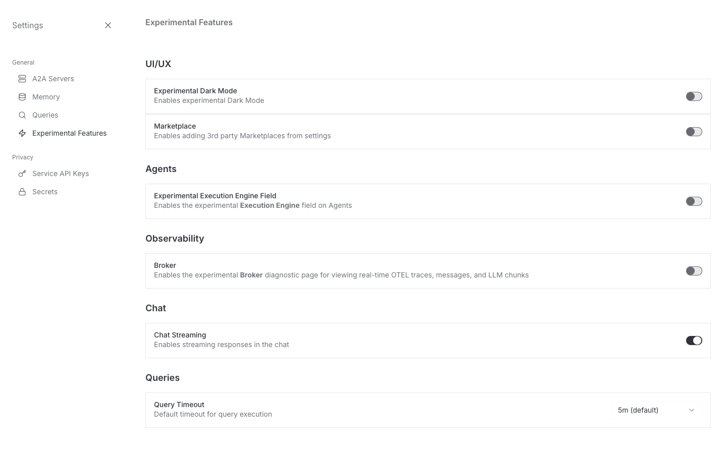Experimental Features panel with the Marketplace toggle