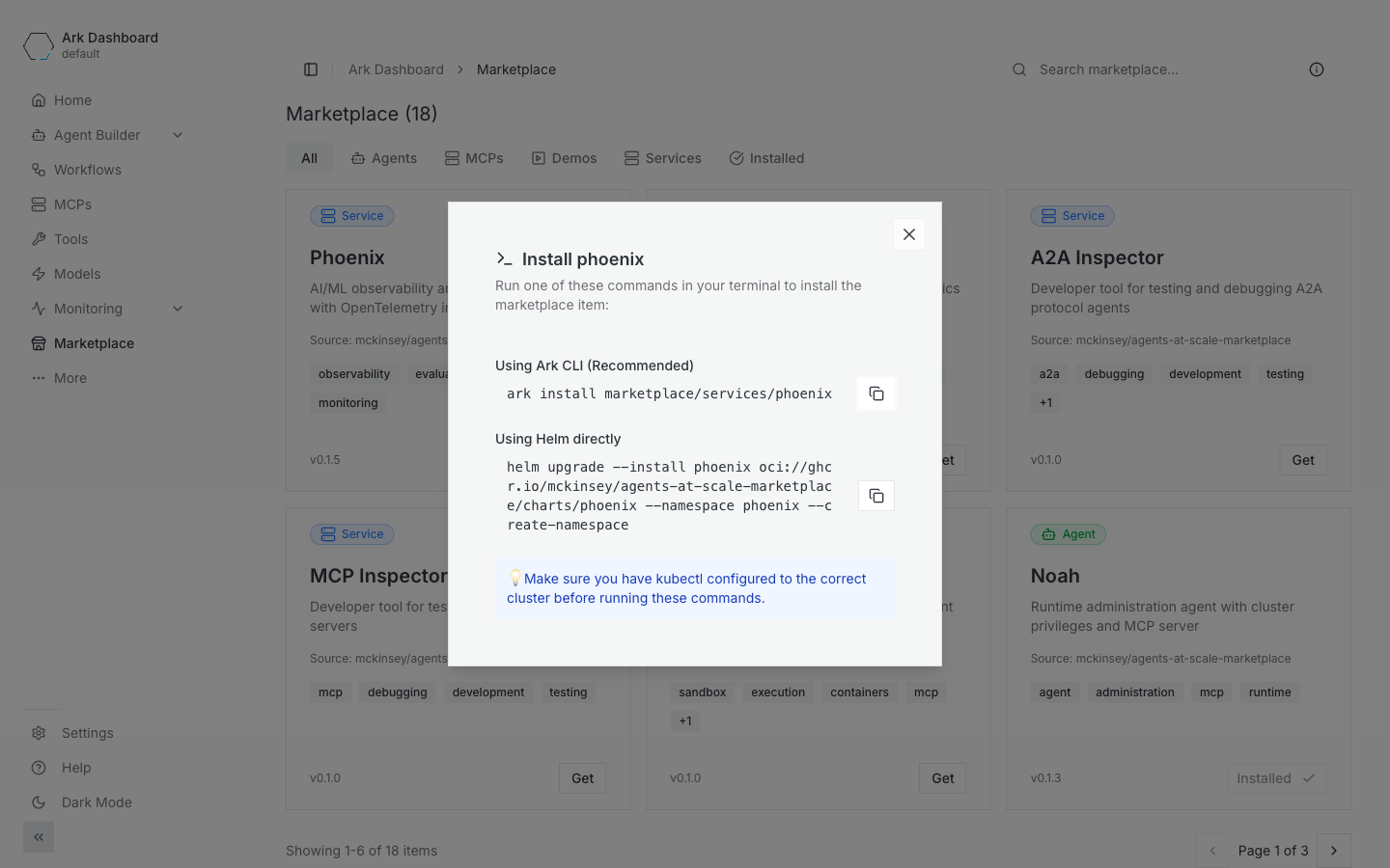 Install dialog showing the Ark CLI and Helm one-liners