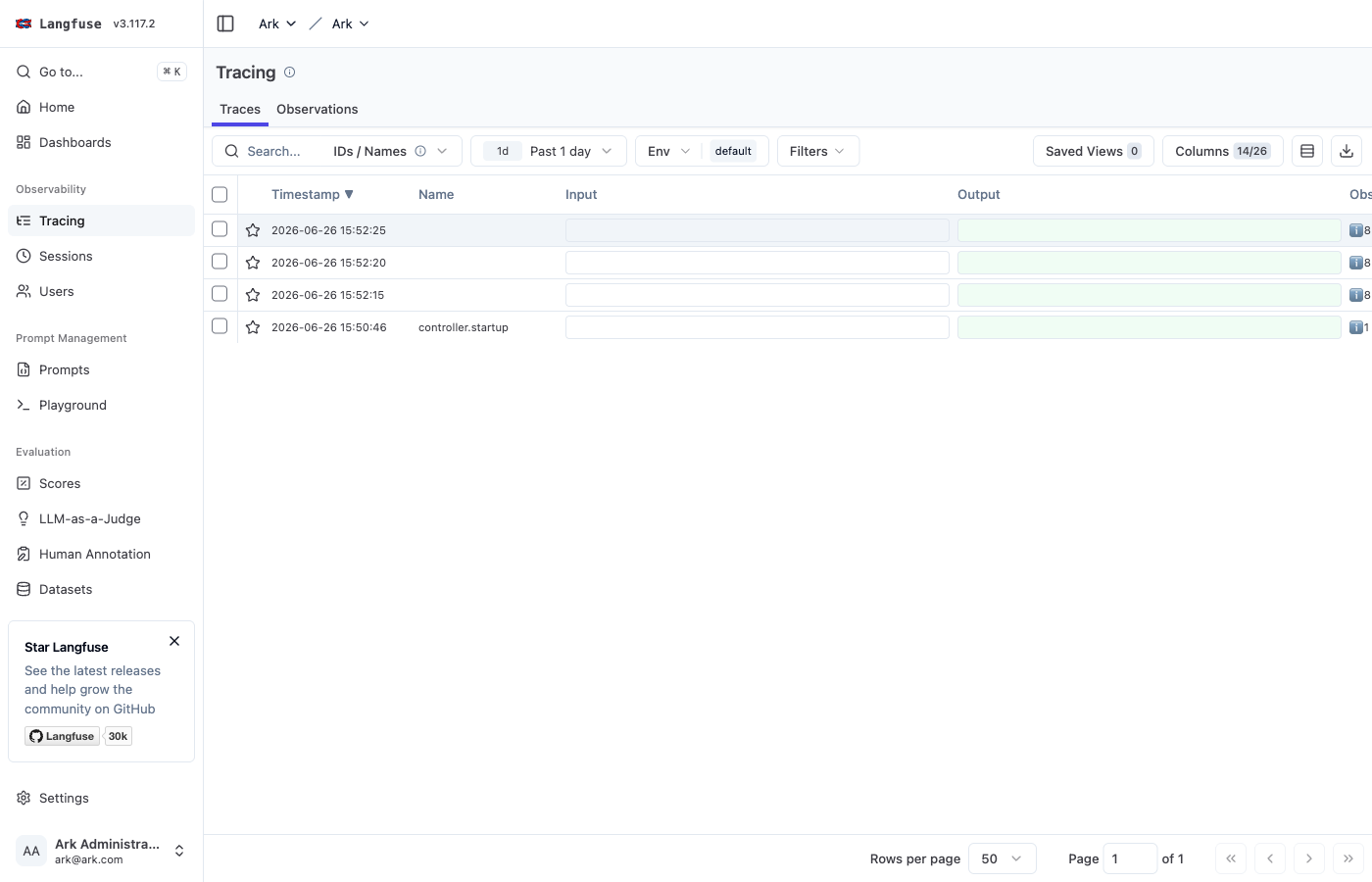 Langfuse Tracing view listing ARK query traces