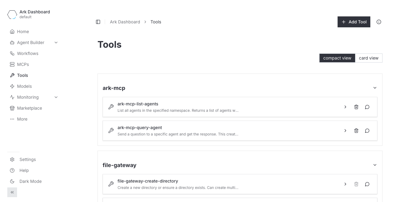 Tools list with Add Tool