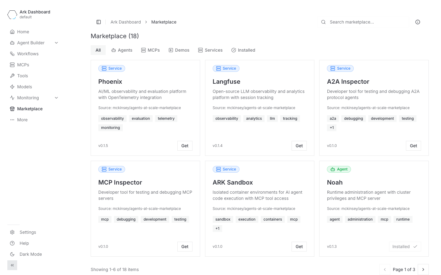 Marketplace tab listing items from the default source