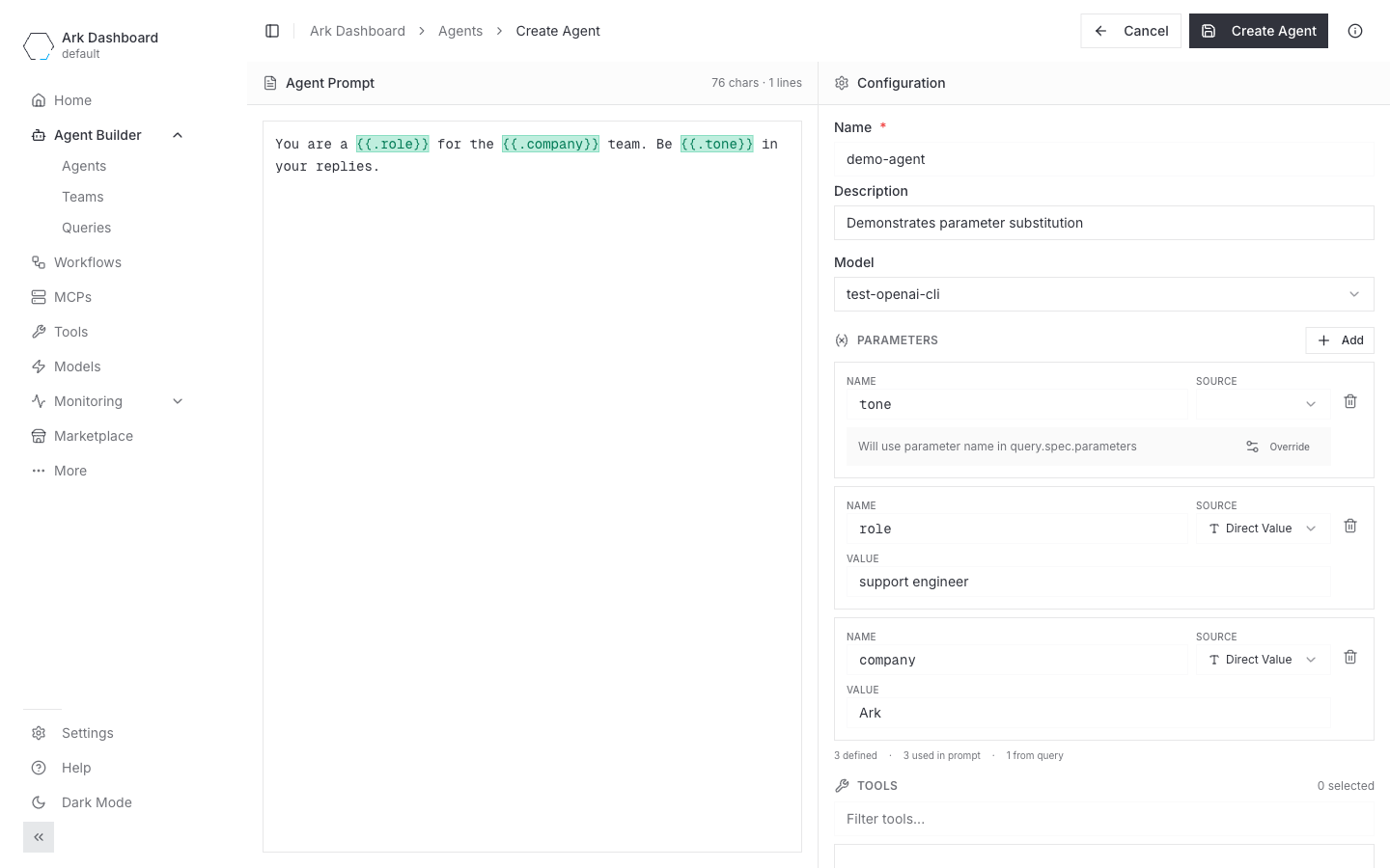 Parameters section with role + company baked as defaults and tone coming from the query