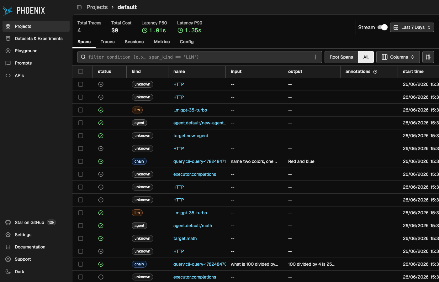 Phoenix spans list showing ARK query, agent, and LLM spans