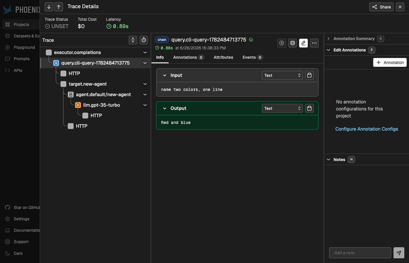 Phoenix trace detail showing the nested span tree with input and output