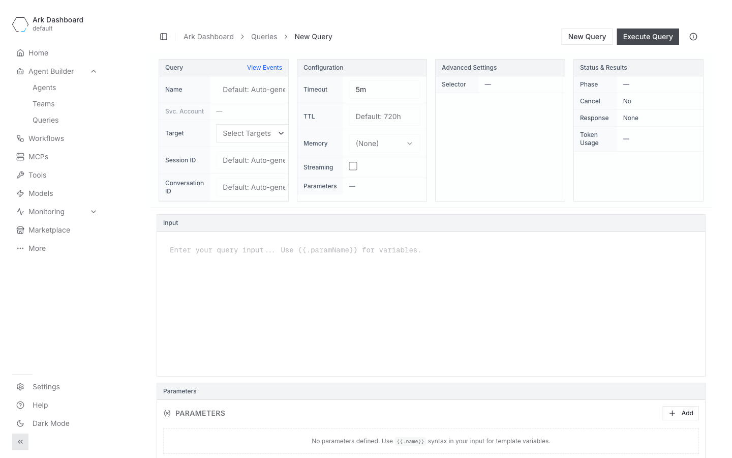 New query form with the team selected