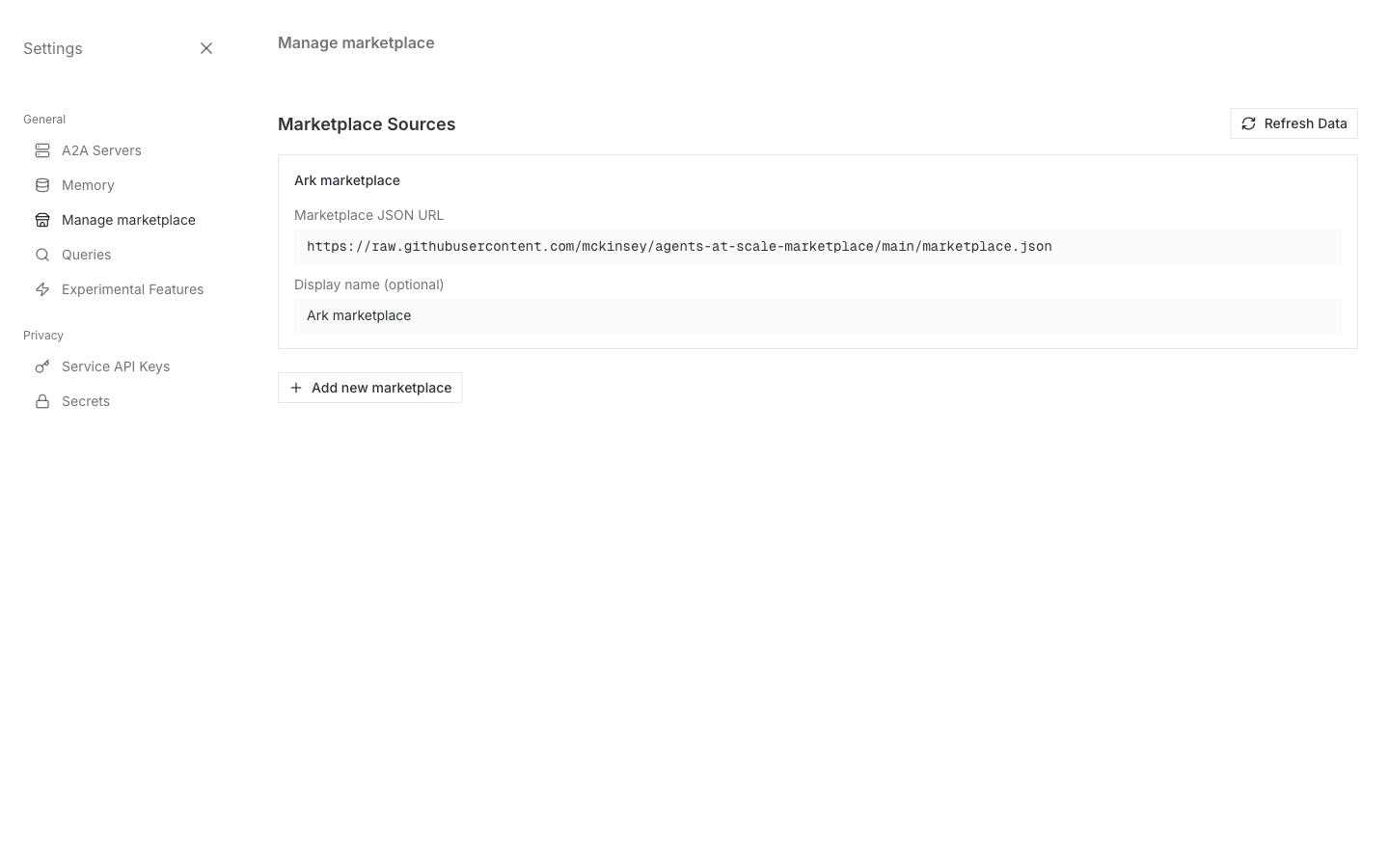 Manage marketplace screen with the default Ark source