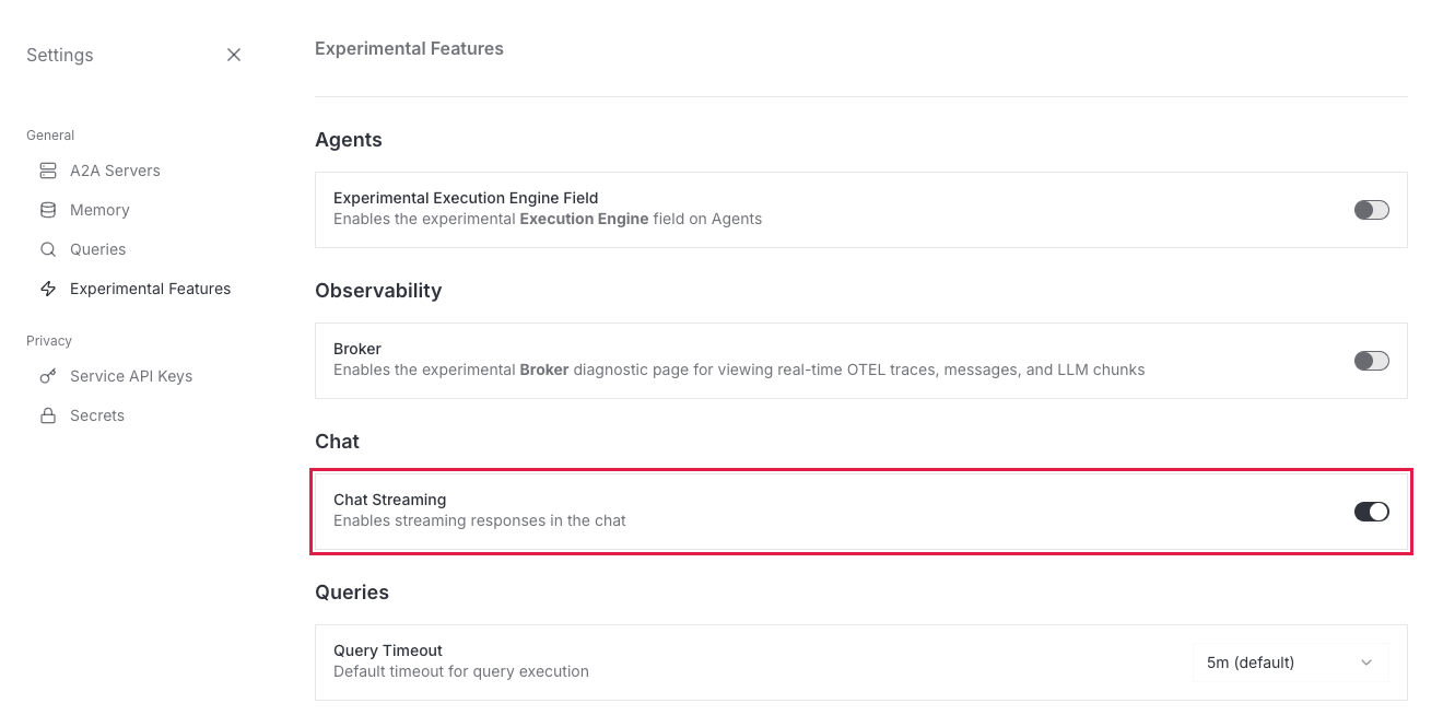 Chat Streaming toggle in Experimental Features