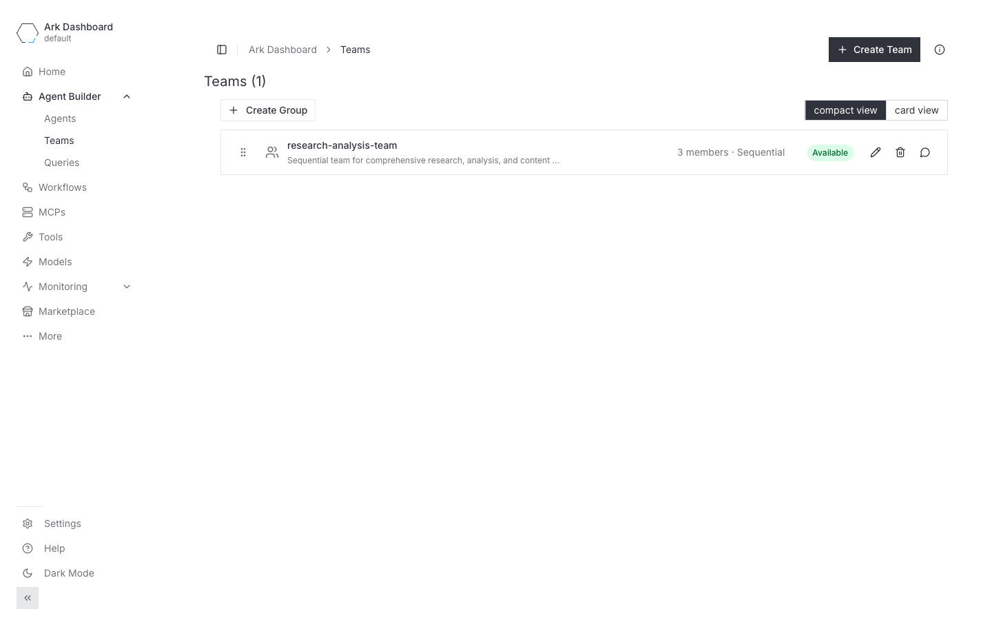 Teams page showing the research-analysis-team