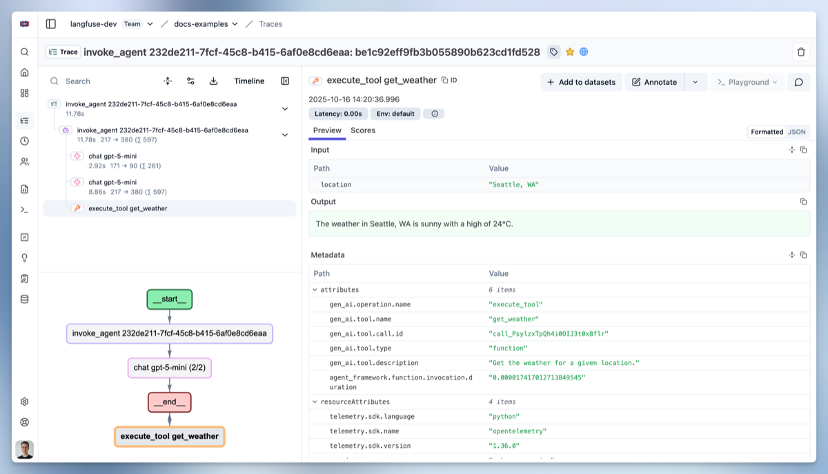 Langfuse agent trace showing detailed execution flow, tool calls, and metadata
